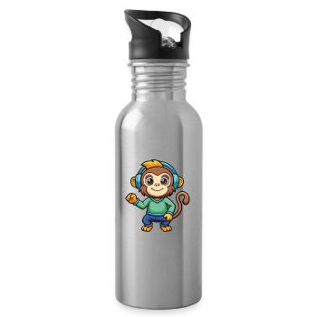 Affe Lustige Zeichentrickfigur Kopfhörer Musik - Trinkflasche mit integriertem Trinkhalm - Lightsilver - Rechts