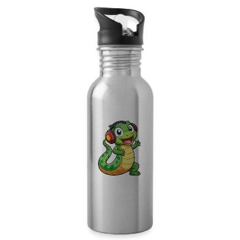 Snake Funny Cartoon Character Headphone Music - Water bottle with straw - silver - Right
