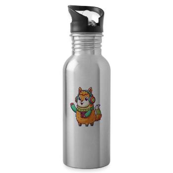 Llama Funny Cartoon Character Headphone Music - Water bottle with straw - silver - Right