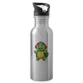 Turtle Funny Cartoon Character Headphone Music - Water bottle with straw - silver - Right