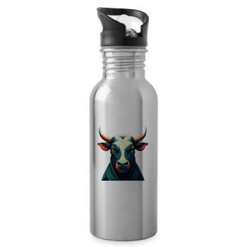 Bull Cartoon Character Colorful Pet Animal - Water bottle with straw - silver - Right