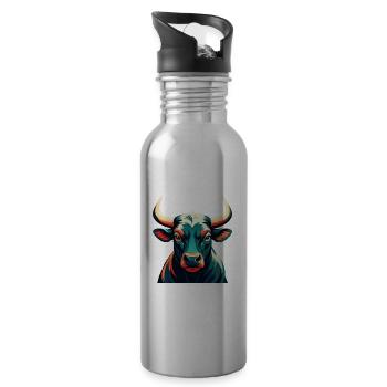 Bull Cartoon Character Colorful Pet Animal - Water bottle with straw - silver - Right