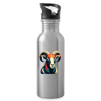 Ram Cartoon Character Colorful Pet Animal - Water bottle with straw - silver - Right