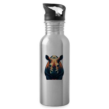 Rhino Cartoon Character Colorful Pet Animal - Water bottle with straw - silver - Right