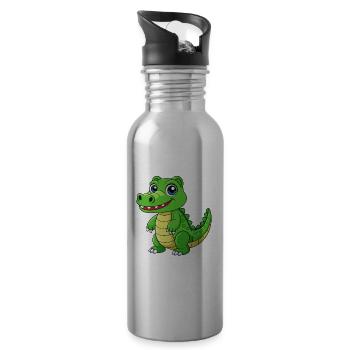 Crocodile Mignon Mascotte Personnage De Dessin Animé Kawaii - Gourde avec paille intégrée - argent clair - Droite