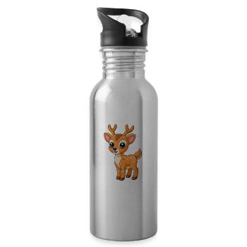 Deer Cute Mascot Cartoon Character Kawaii - Water bottle with straw - silver - Right
