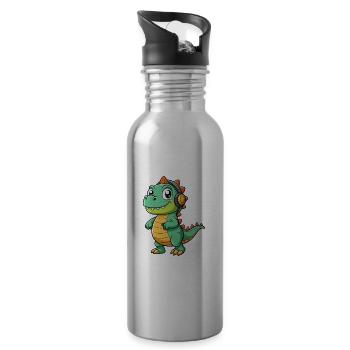 Dinosaurier Lustige Cartoon Figur Kopfhörer Musik - Trinkflasche mit integriertem Trinkhalm - Lightsilver - Rechts