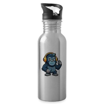 Gorilla Funny Cartoon Character Headphone Music - Water bottle with straw - silver - Right