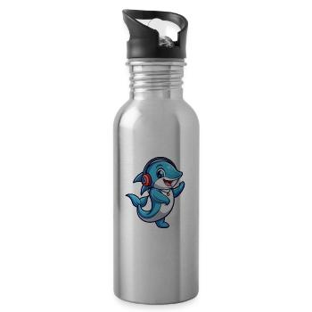 Delfin Lustige Zeichentrickfigur Kopfhörer Musik - Trinkflasche mit integriertem Trinkhalm - Lightsilver - Rechts