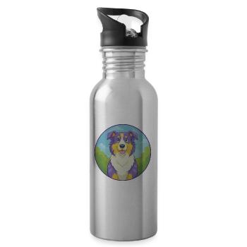 Australian Shepherd Dog Cute Kawaii Cartoon Animal - Water bottle with straw - silver - Right