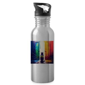 Eine Katze zwischen zwei Türen - Trinkflasche mit integriertem Trinkhalm - Lightsilver - Rechts