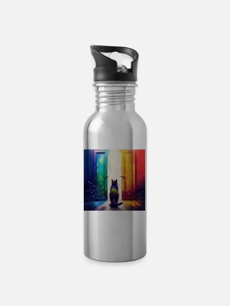 Eine Katze zwischen zwei Türen - Trinkflasche mit integriertem Trinkhalm - Lightsilver