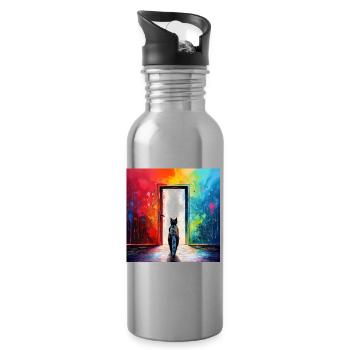 Eine Katze vor einer Tür aus Glas - Trinkflasche mit integriertem Trinkhalm - Lightsilver - Rechts