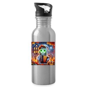 Adorable ghost plays accordion on Halloween - Water bottle with straw - silver - Right
