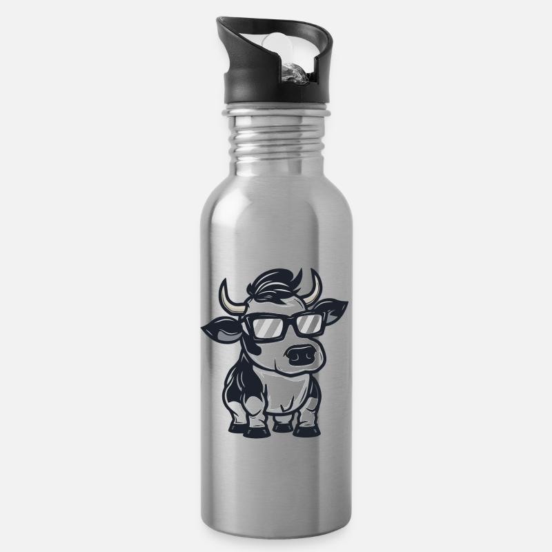 Kuh Tier - Trinkflasche mit integriertem Trinkhalm - Lightsilver
