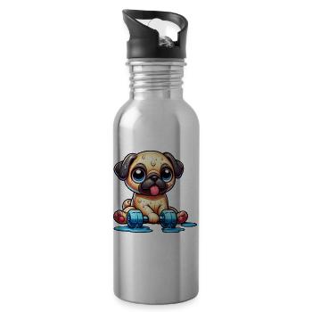 Funny Pug Cartoon Fitness Workout - Water bottle with straw - silver - Right
