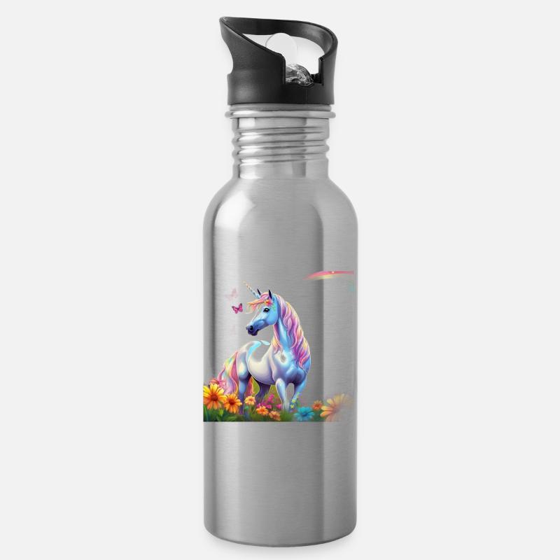 Himmlisches Einhorn im Blumenfeld mit Schmetterlin - Trinkflasche mit integriertem Trinkhalm - Lightsilver