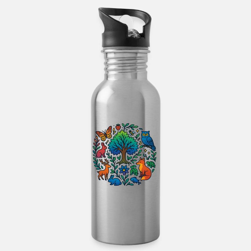 T-shirt with forest animals & tree – for nature lovers - Water bottle with straw - silver