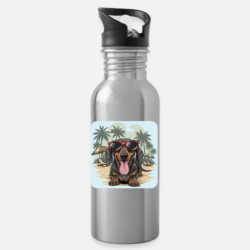 Dackel Beach Dackel Dackel mit cooler Brille - Trinkflasche mit integriertem Trinkhalm - Lightsilver