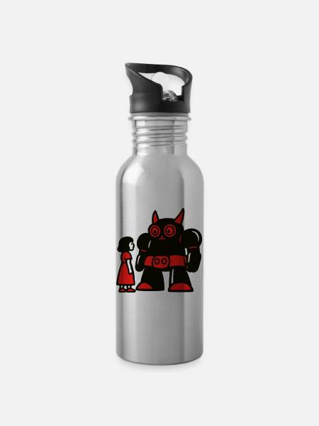 Girl and Robot - Water bottle with straw - silver