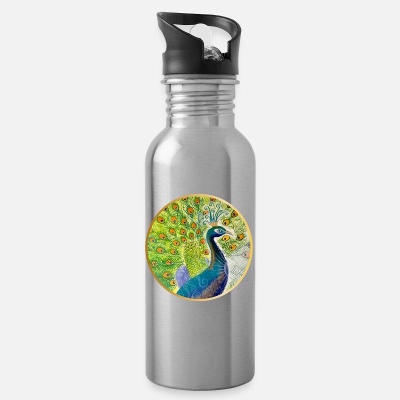 Prächtiger Pfau mit Krone - Trinkflasche mit integriertem Trinkhalm - Lightsilver