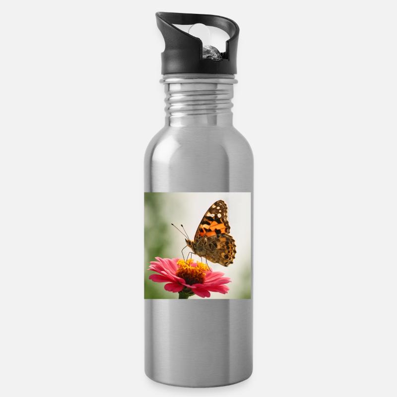 Schmetterling auf einer rosa Blume - Trinkflasche mit integriertem Trinkhalm - Lightsilver