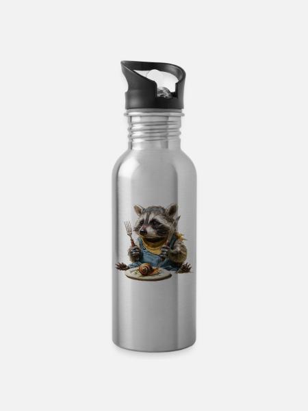 Waschbär-Küchenchef mit Gabel und Messer - Trinkflasche mit integriertem Trinkhalm - Lightsilver