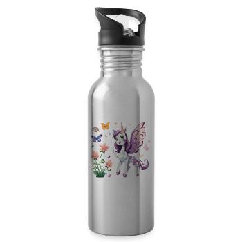 Purple Unicorn with Butterflies - Water bottle with straw - silver - Right