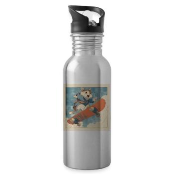 Retro Cat Skateboarder in Flight - Water bottle with straw - silver - Right