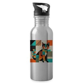 Geometric Cat Silhouette - Water bottle with straw - silver - Right