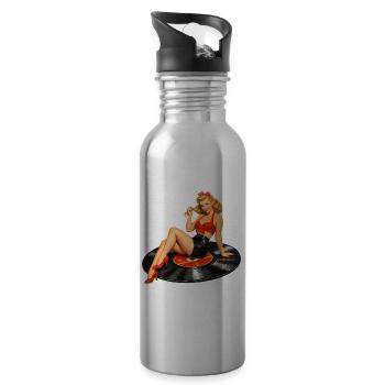 Vintage Pin-Up on Vinyl Record: Retro Vinyl - Water bottle with straw - silver - Right