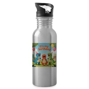 Dino Birthday Party: It's my birthday - Water bottle with straw - silver - Right
