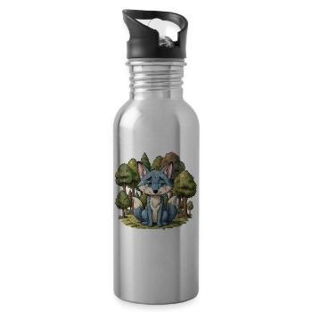 Blue fox animal sad forest - Water bottle with straw - silver - Right