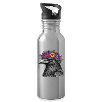 Tête de corbeau avec couronne de fleurs - Gourde avec paille intégrée - argent clair - Droite