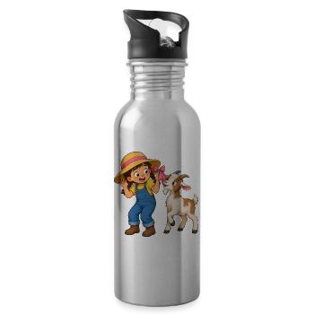 Girl with goat and bow farm motif - Water bottle with straw - silver - Right
