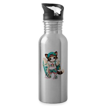 Kitten Surfer Summer Tropical - Water bottle with straw - silver - Right