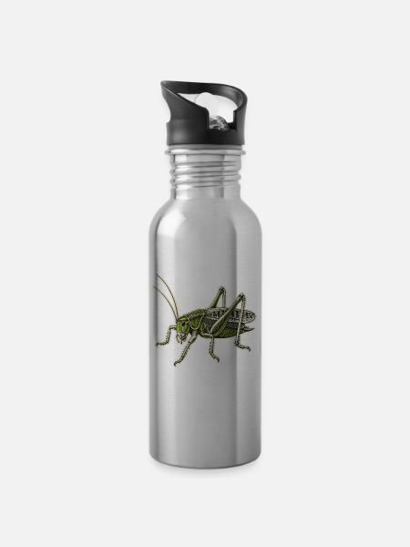 Warzenbeißer Linolschnitt - Trinkflasche mit integriertem Trinkhalm - Lightsilver
