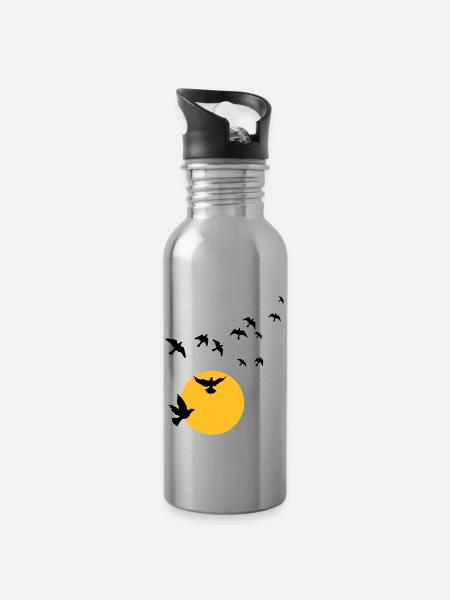 Oiseaux au coucher du soleil - Gourde avec paille intégrée - argent clair