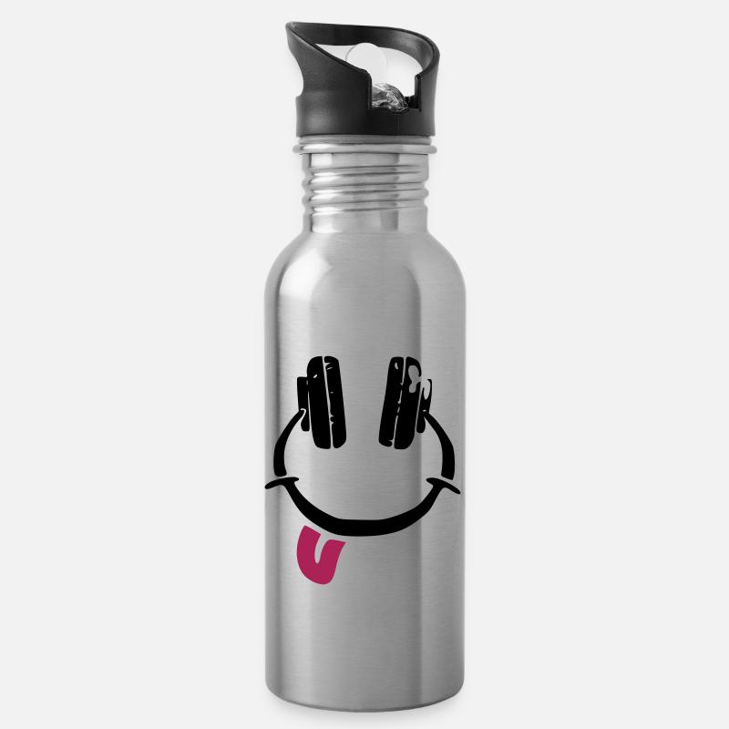 Kopfhörer - Smiley - Zunge - Trinkflasche mit integriertem Trinkhalm - Lightsilver