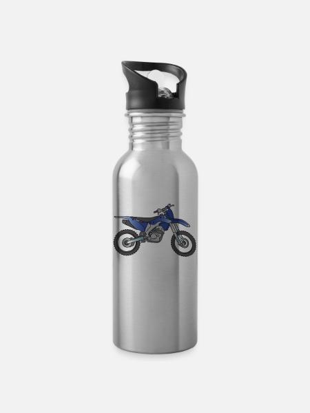 Blue Motocross motorcycle - Water bottle with straw - silver