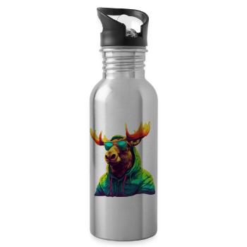 Moose with Sunglasses Colorful Cool Moose Forest Animal - Water bottle with straw - silver - Right
