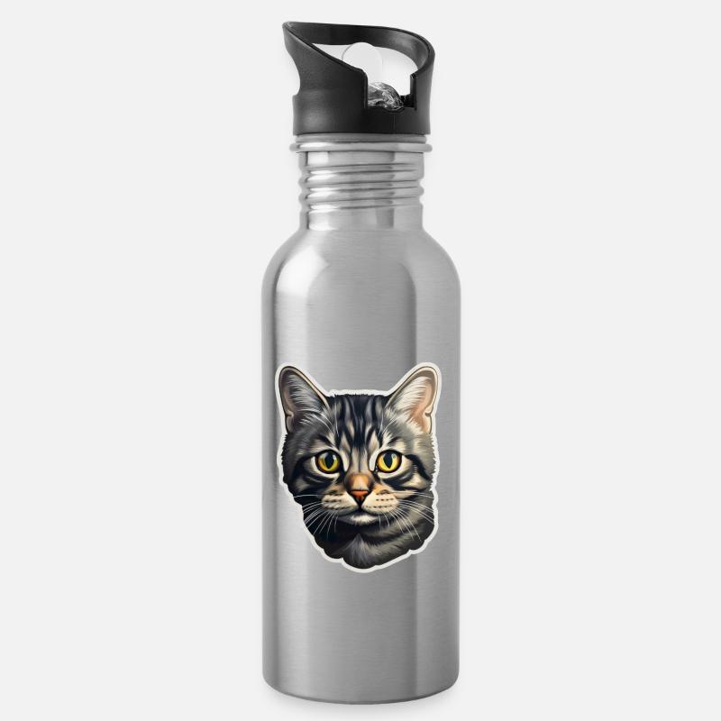 British Shorthair Katzenkopf - Trinkflasche mit integriertem Trinkhalm - Lightsilver