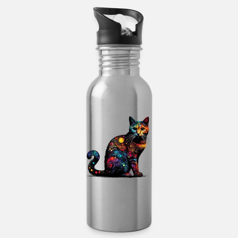 Katze - Trinkflasche mit integriertem Trinkhalm - Lightsilver