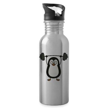 Funny penguin with dumbbell fitness fun - Water bottle with straw - silver - Right