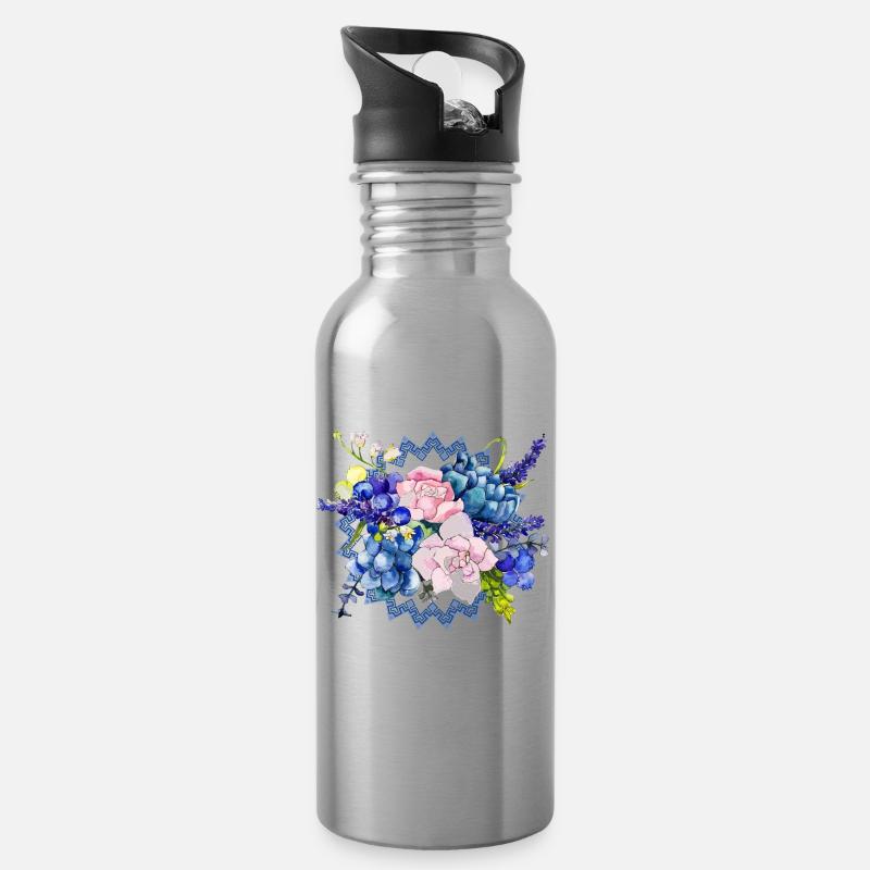 Blumen - Trinkflasche mit integriertem Trinkhalm - Lightsilver
