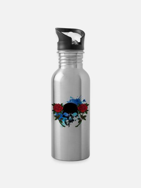 Tête de mort Skull Crâne de mort Rose Fleurs Splash - Gourde avec paille intégrée - argent clair