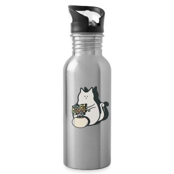 Curious, crazy cat - Water bottle with straw - silver - Right