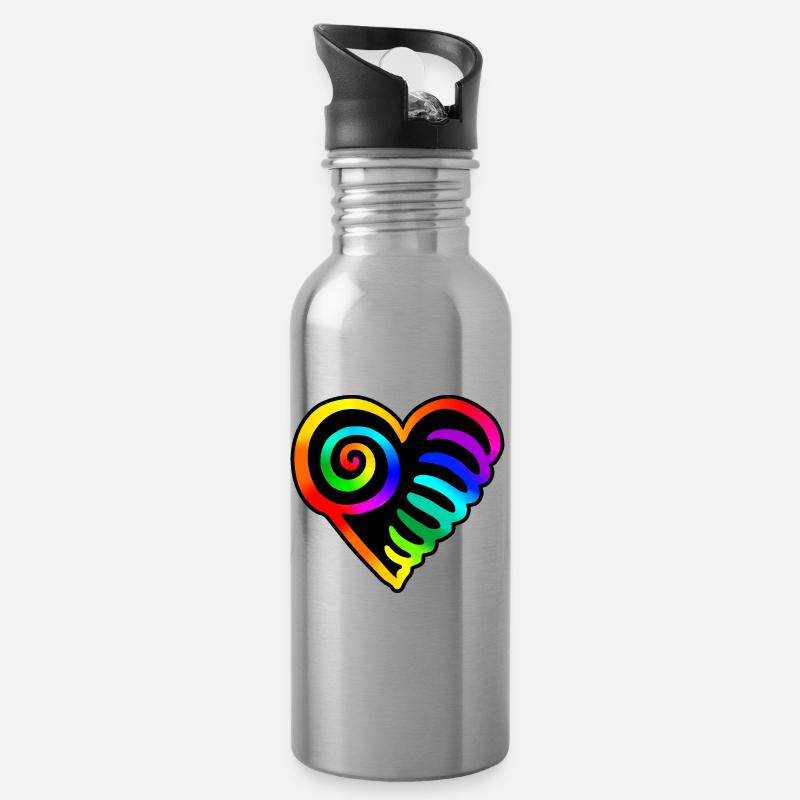 Herz Regenbogen - Trinkflasche mit integriertem Trinkhalm - Lightsilver