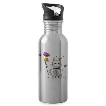 Katze mit Blumen - Trinkflasche mit integriertem Trinkhalm - Lightsilver - Rechts