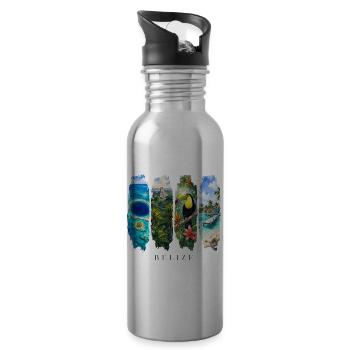 Belize Vacation Travel – Caribbean Country & Culture Motif - Water bottle with straw - silver - Right